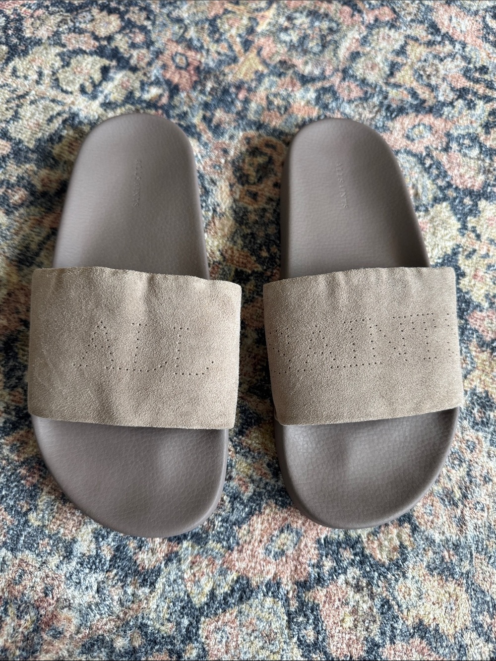 All Saints Neutral Taupe Suede Slide Sandals